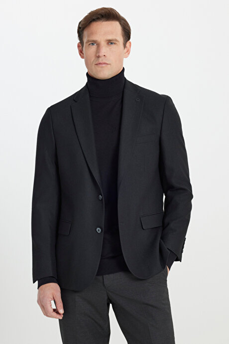 Regular Fit Rahat Kesim Mono Yaka Kapak Cepli Yünlü Siyah Ceket resmi