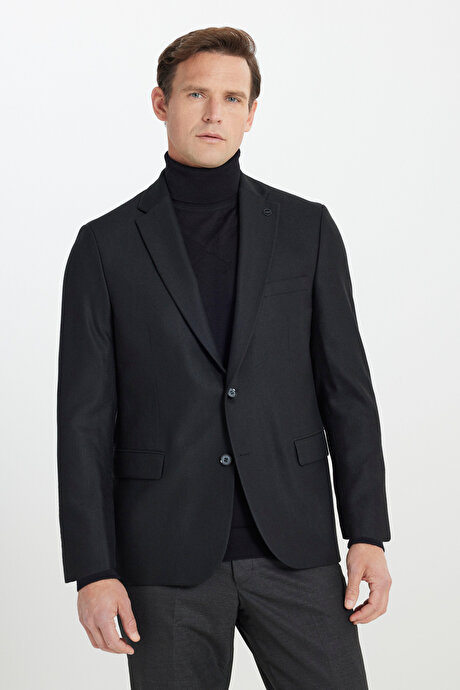 Regular Fit Rahat Kesim Mono Yaka Kapak Cepli Yünlü Siyah Ceket resmi