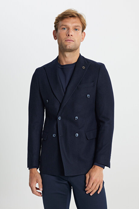 Yünlü Slim Fit Dar Kesim Kırlangıç Yaka Kapak Cepli Blazer Lacivert Ceket resmi