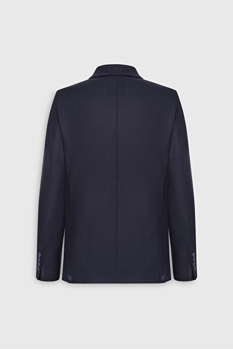 Yünlü Slim Fit Dar Kesim Kırlangıç Yaka Kapak Cepli Blazer Lacivert Ceket resmi