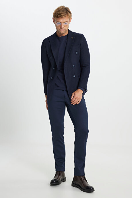 Yünlü Slim Fit Dar Kesim Kırlangıç Yaka Kapak Cepli Blazer Lacivert Ceket resmi