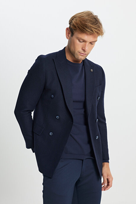 Yünlü Slim Fit Dar Kesim Kırlangıç Yaka Kapak Cepli Blazer Lacivert Ceket resmi