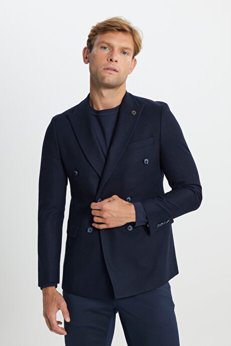 Yünlü Slim Fit Dar Kesim Kırlangıç Yaka Kapak Cepli Blazer Lacivert Ceket resmi