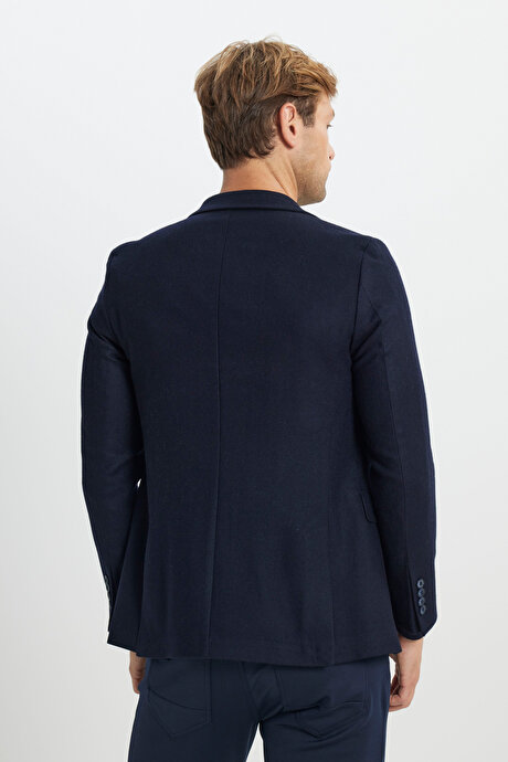 Yünlü Slim Fit Dar Kesim Kırlangıç Yaka Kapak Cepli Blazer Lacivert Ceket resmi