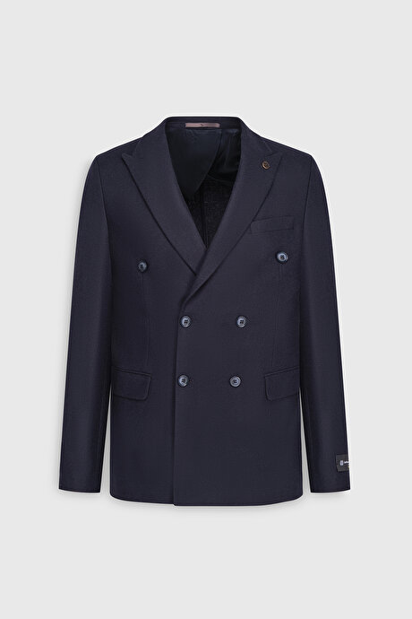 Yünlü Slim Fit Dar Kesim Kırlangıç Yaka Kapak Cepli Blazer Lacivert Ceket resmi