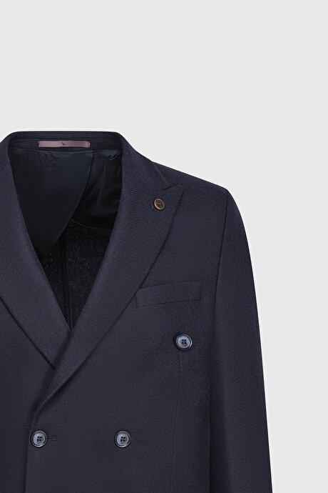 Yünlü Slim Fit Dar Kesim Kırlangıç Yaka Kapak Cepli Blazer Lacivert Ceket resmi