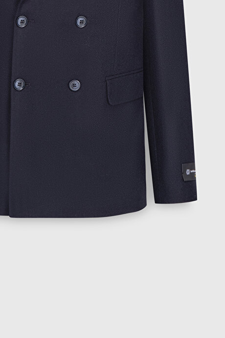 Yünlü Slim Fit Dar Kesim Kırlangıç Yaka Kapak Cepli Blazer Lacivert Ceket resmi