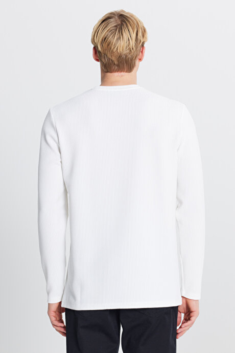 Slim Fit Dar Kesim Bisiklet Yaka Jakarlı Esnek Ekru Uzun Kollu Tişört resmi