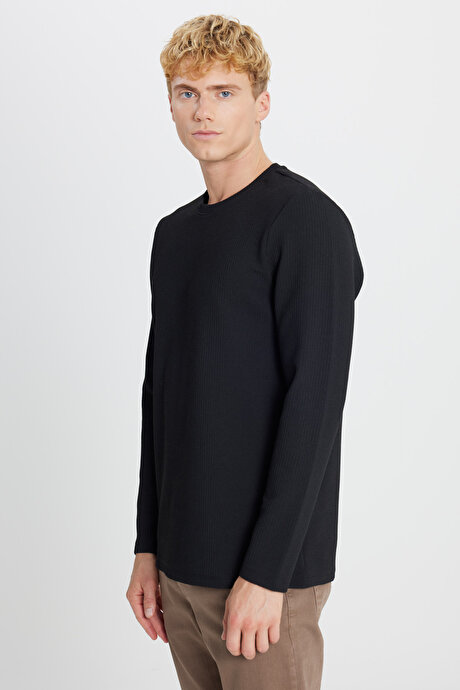 Slim Fit Dar Kesim Bisiklet Yaka Jakarlı Esnek Siyah Uzun Kollu Tişört resmi