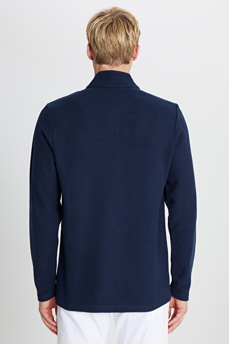 Pamuklu Slim Fit Dar Kesim Bato Yaka Uzun Kollu Lacivert Uzun Kollu Tişört resmi