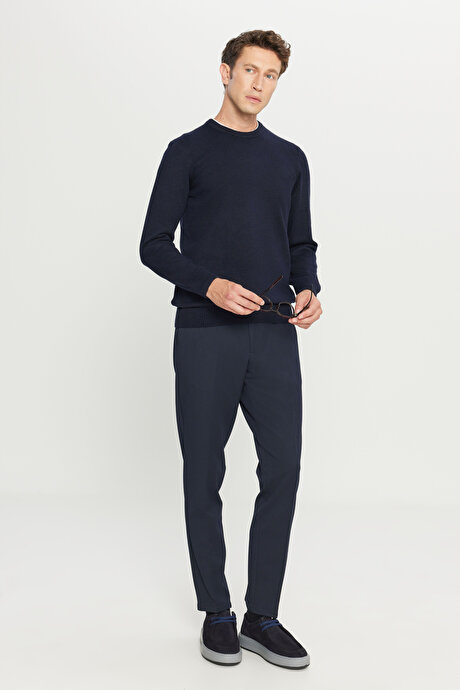 Standart Fit Normal Kesim Bisiklet Yaka Şardonlu Triko Lacivert Kazak resmi