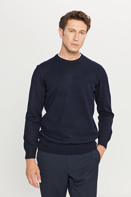 Standart Fit Normal Kesim Bisiklet Yaka Şardonlu Triko Lacivert Kazak resmi