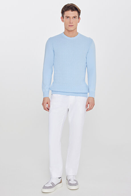 %100 Pamuk Standart Fit Normal Kesim Bisiklet Yaka Jakarlı Triko Buz Mavisi Kazak resmi