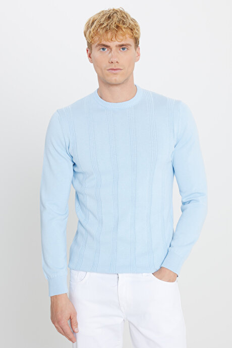 %100 Pamuk Standart Fit Normal Kesim Bisiklet Yaka Jakarlı Triko Buz Mavisi Kazak resmi