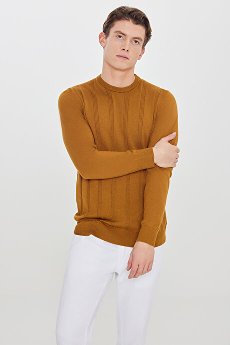 %100 Pamuk Standart Fit Normal Kesim Bisiklet Yaka Jakarlı Triko Kahverengi Kazak resmi