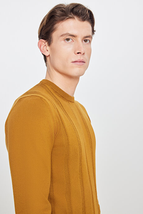 %100 Pamuk Standart Fit Normal Kesim Bisiklet Yaka Jakarlı Triko Kahverengi Kazak resmi