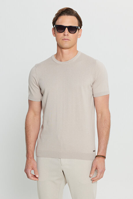 %100 Pamuk Standart Fit Normal Kesim Bisiklet Yaka Triko Vizon Tişört resmi