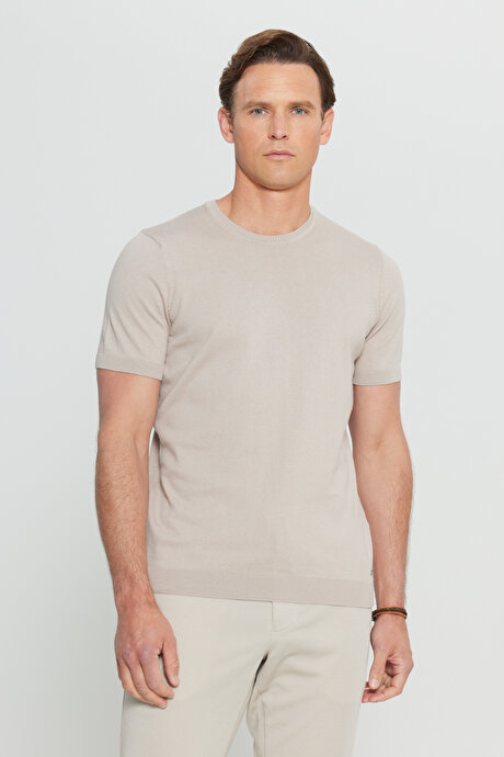 %100 Pamuk Standart Fit Normal Kesim Bisiklet Yaka Triko Vizon Tişört resmi