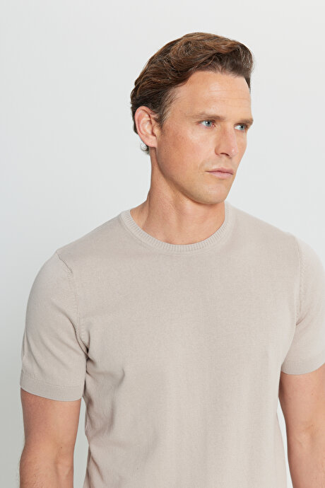 %100 Pamuk Standart Fit Normal Kesim Bisiklet Yaka Triko Vizon Tişört resmi