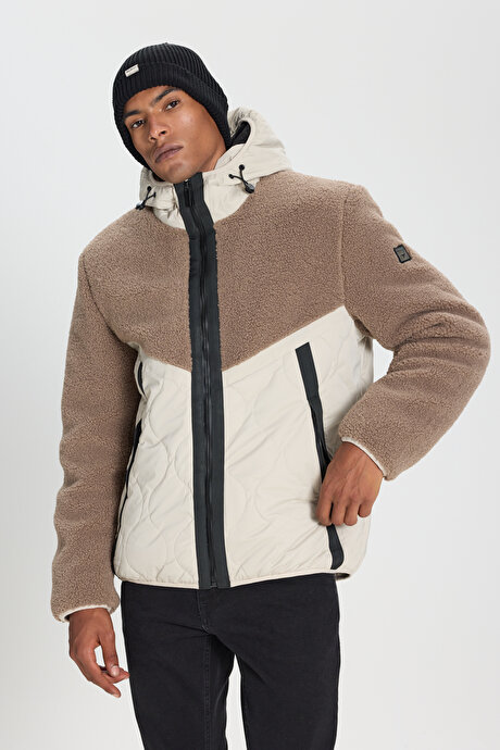 Termometreli Standart Fit Normal Kesim Kapüşon Yaka Fermuarlı Yan Cepli Bej Mont resmi