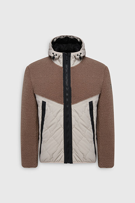 Termometreli Standart Fit Normal Kesim Kapüşon Yaka Fermuarlı Yan Cepli Bej Mont resmi