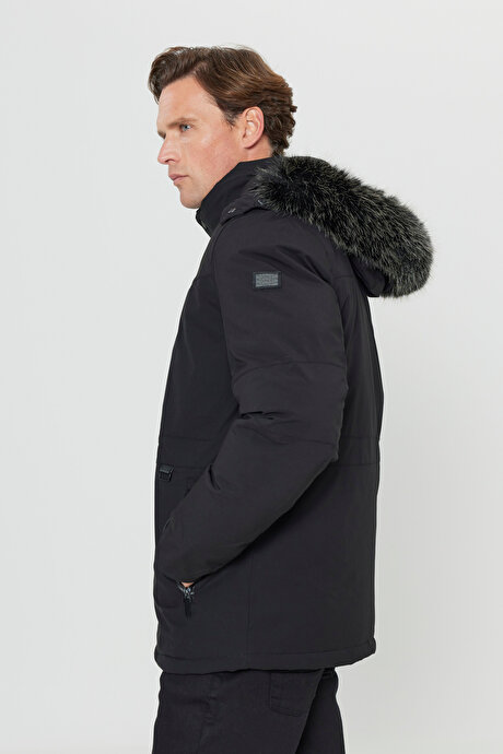 Standart Fit Normal Kesim Çıkma Kürk Kapüşonlu Fermuarlı Yan Cep Kalın Dolgulu Siyah Mont resmi