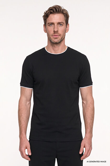 Slim Fit Dar Kesim Polo Yaka Jakarlı Esnek Siyah Tişört resmi