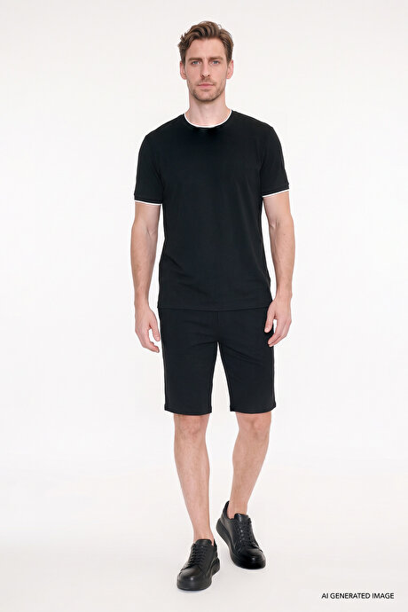 Slim Fit Dar Kesim Polo Yaka Jakarlı Esnek Siyah Tişört resmi