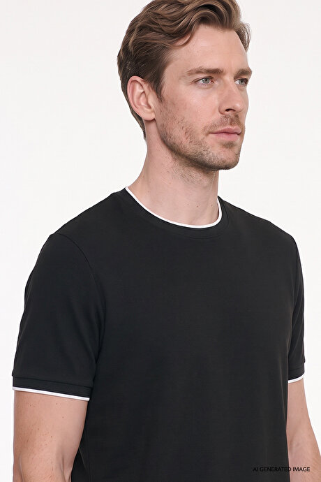 Slim Fit Dar Kesim Polo Yaka Jakarlı Esnek Siyah Tişört resmi