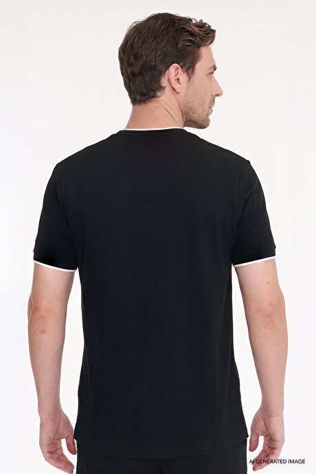 Slim Fit Dar Kesim Polo Yaka Jakarlı Esnek Siyah Tişört resmi