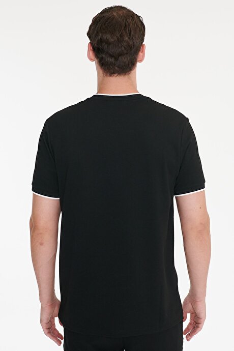 Slim Fit Dar Kesim Polo Yaka Jakarlı Esnek Siyah Tişört resmi