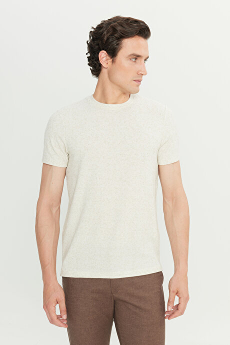 Keten Slim Fit Dar Kesim Bisiklet Yaka Jakarlı Bej Tişört resmi