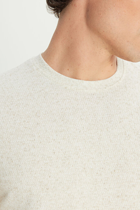 Keten Slim Fit Dar Kesim Bisiklet Yaka Jakarlı Bej Tişört resmi