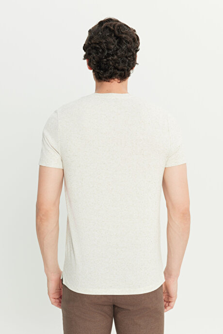 Keten Slim Fit Dar Kesim Bisiklet Yaka Jakarlı Bej Tişört resmi