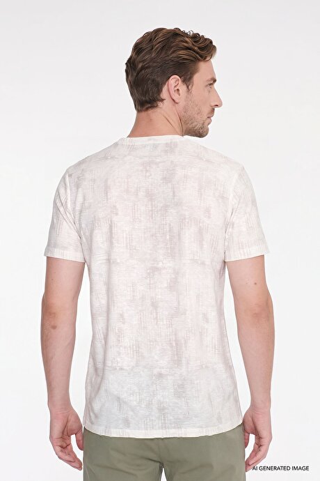 Pamuklu Slim Fit Dar Kesim Bisiklet Yaka Baskılı Ekru Tişört resmi