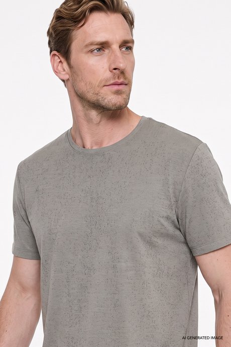 Pamuklu Slim Fit Bisiklet Yaka Jakarlı Esnek Haki Tişört resmi