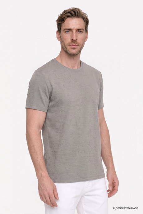Pamuklu Slim Fit Bisiklet Yaka Jakarlı Esnek Haki Tişört resmi
