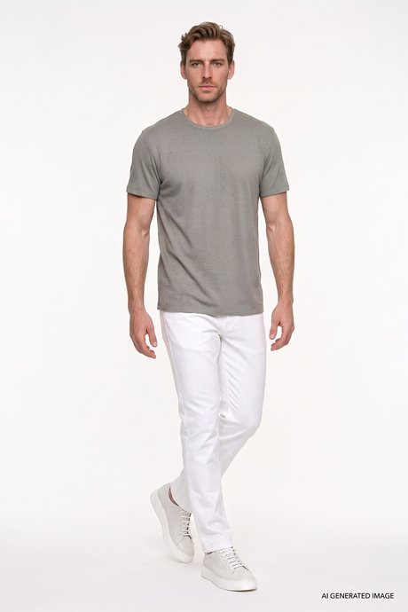 Pamuklu Slim Fit Bisiklet Yaka Jakarlı Esnek Haki Tişört resmi