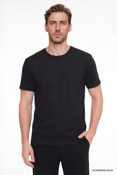 Pamuklu Slim Fit Bisiklet Yaka Jakarlı Esnek Siyah Tişört resmi