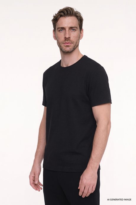 Pamuklu Slim Fit Bisiklet Yaka Jakarlı Esnek Siyah Tişört resmi