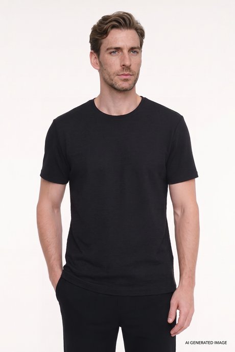 Pamuklu Slim Fit Bisiklet Yaka Jakarlı Esnek Siyah Tişört resmi