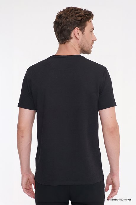Pamuklu Slim Fit Bisiklet Yaka Jakarlı Esnek Siyah Tişört resmi