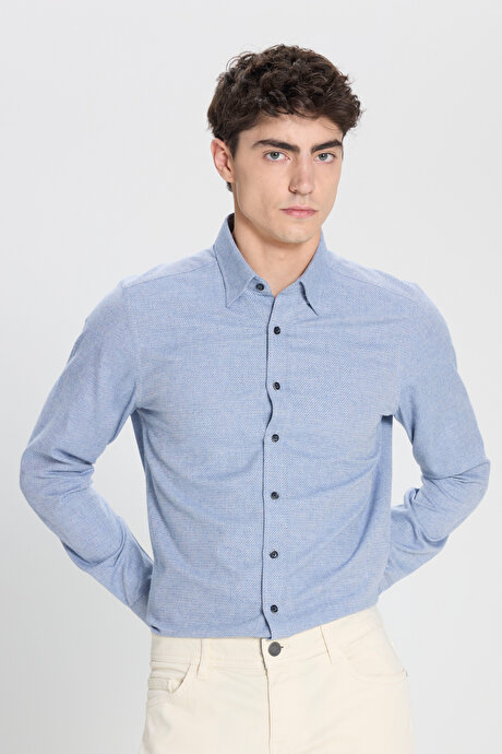 Slim Fit Dar Kesim Klasik Yaka Flanel Mavi Gömlek resmi