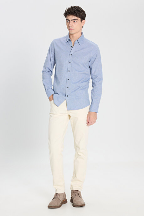 Slim Fit Dar Kesim Klasik Yaka Flanel Mavi Gömlek resmi