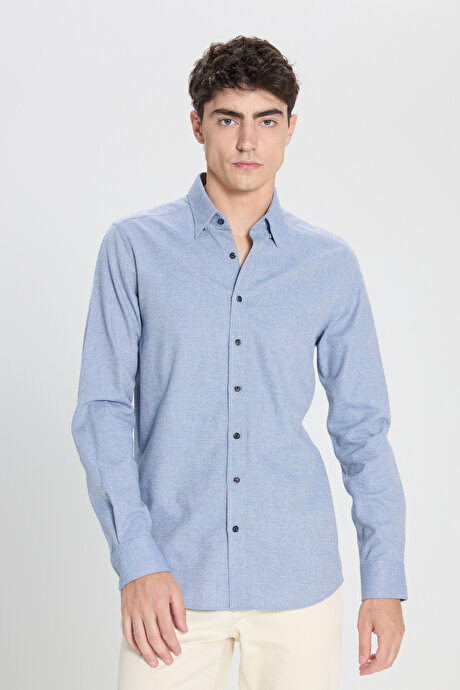 Slim Fit Dar Kesim Klasik Yaka Flanel Mavi Gömlek resmi