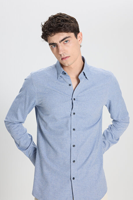 Slim Fit Dar Kesim Klasik Yaka Flanel Mavi Gömlek resmi