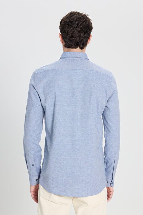 Slim Fit Dar Kesim Klasik Yaka Flanel Mavi Gömlek resmi