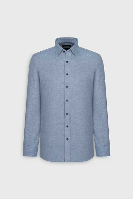 Slim Fit Dar Kesim Klasik Yaka Flanel Mavi Gömlek resmi