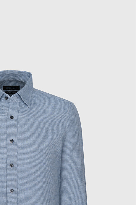 Slim Fit Dar Kesim Klasik Yaka Flanel Mavi Gömlek resmi