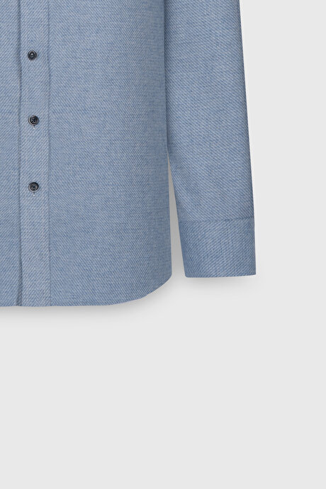 Slim Fit Dar Kesim Klasik Yaka Flanel Mavi Gömlek resmi